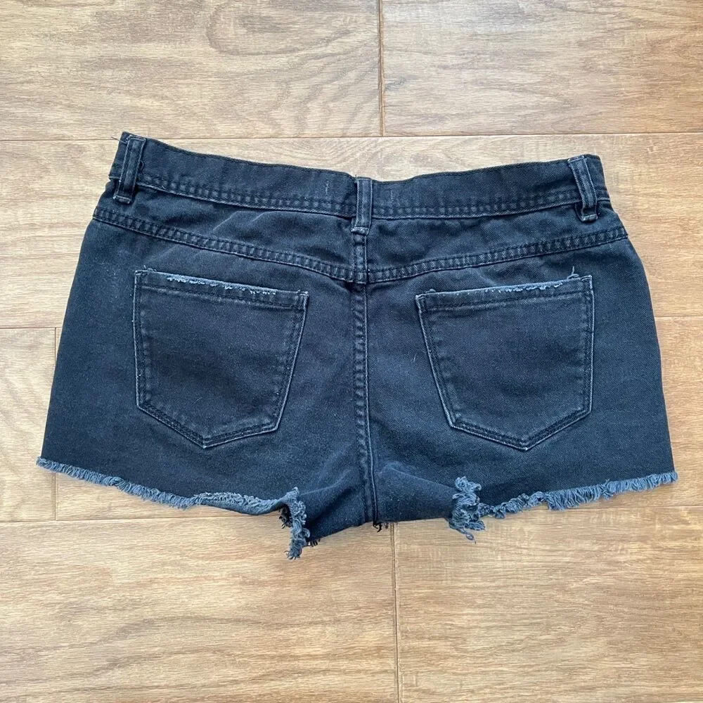 Free People Denim Shorts Size 29 Black Cutoff Raw Hem Distressed Button Fly